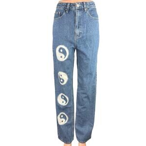 Pacsun Blue Yin Yang Graphic Print High Rise Casual Wide Leg Denim Jeans Size 26